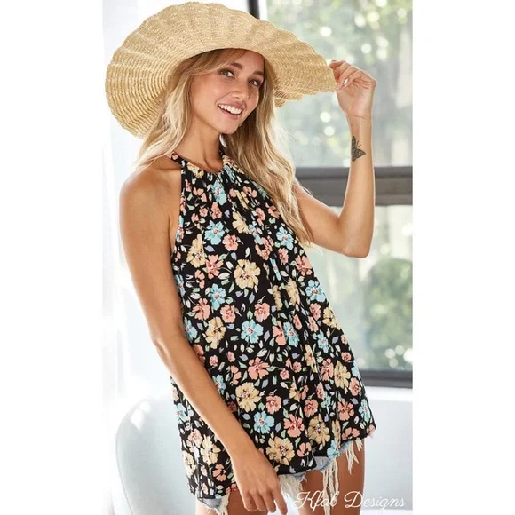 ❤️LAST ONE! Floral Print Black Woven Back Tie Halter Top! - Picture 9 of 11